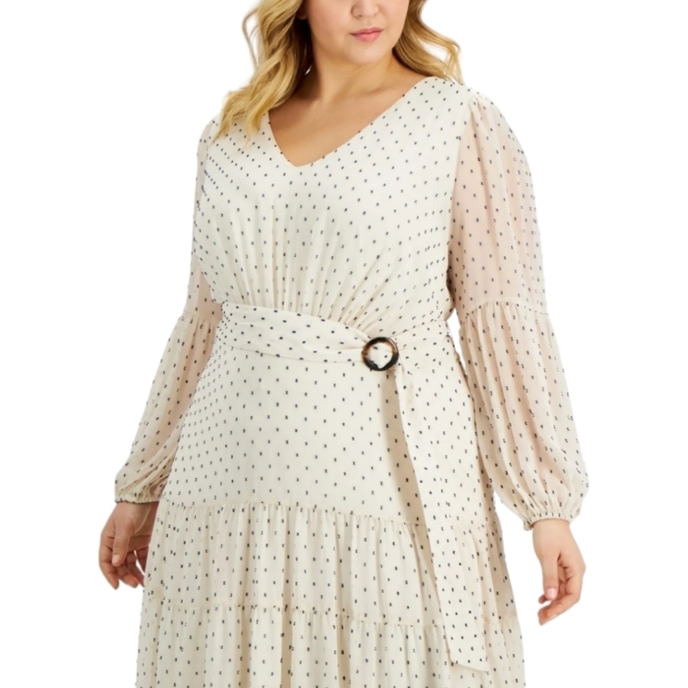 NWOT Taylor Woman Ivory Zippered Belted Tiered Midi Dress Size 16W - Picture 2 of 5